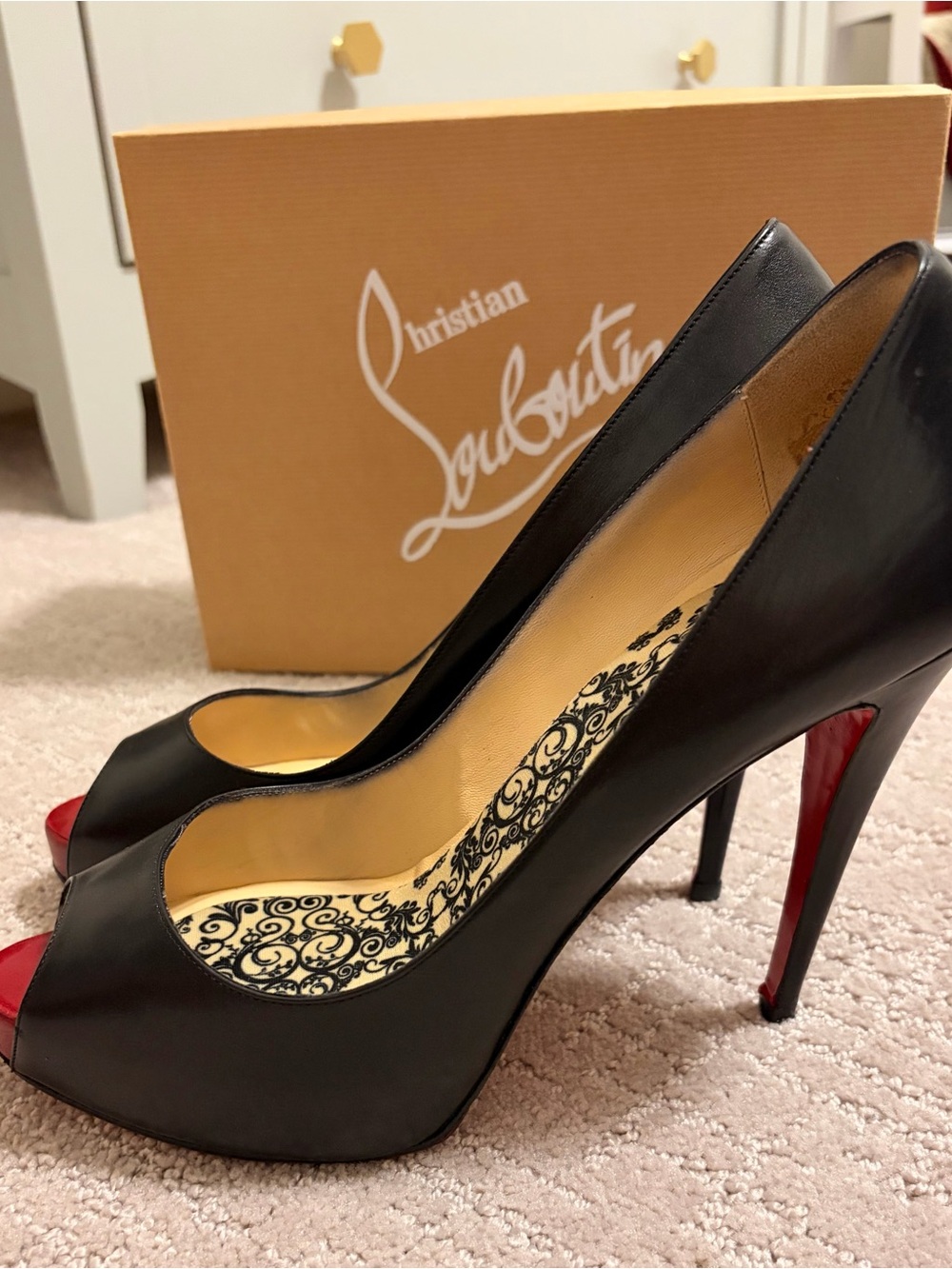 Christian Louboutin Black Leather Peep-Toe Pumps with Red Sole and Red Toe